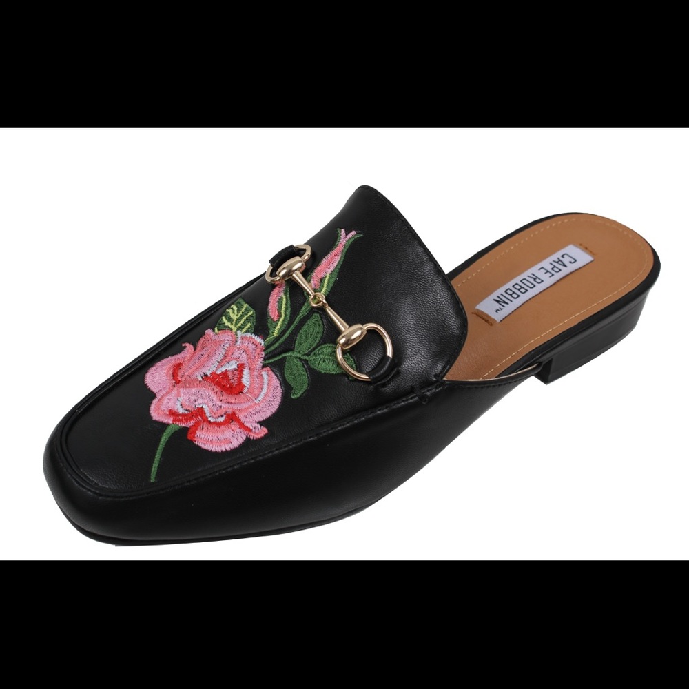 Black  Floral Embroidered Slip on Mules - Picture 2 of 5